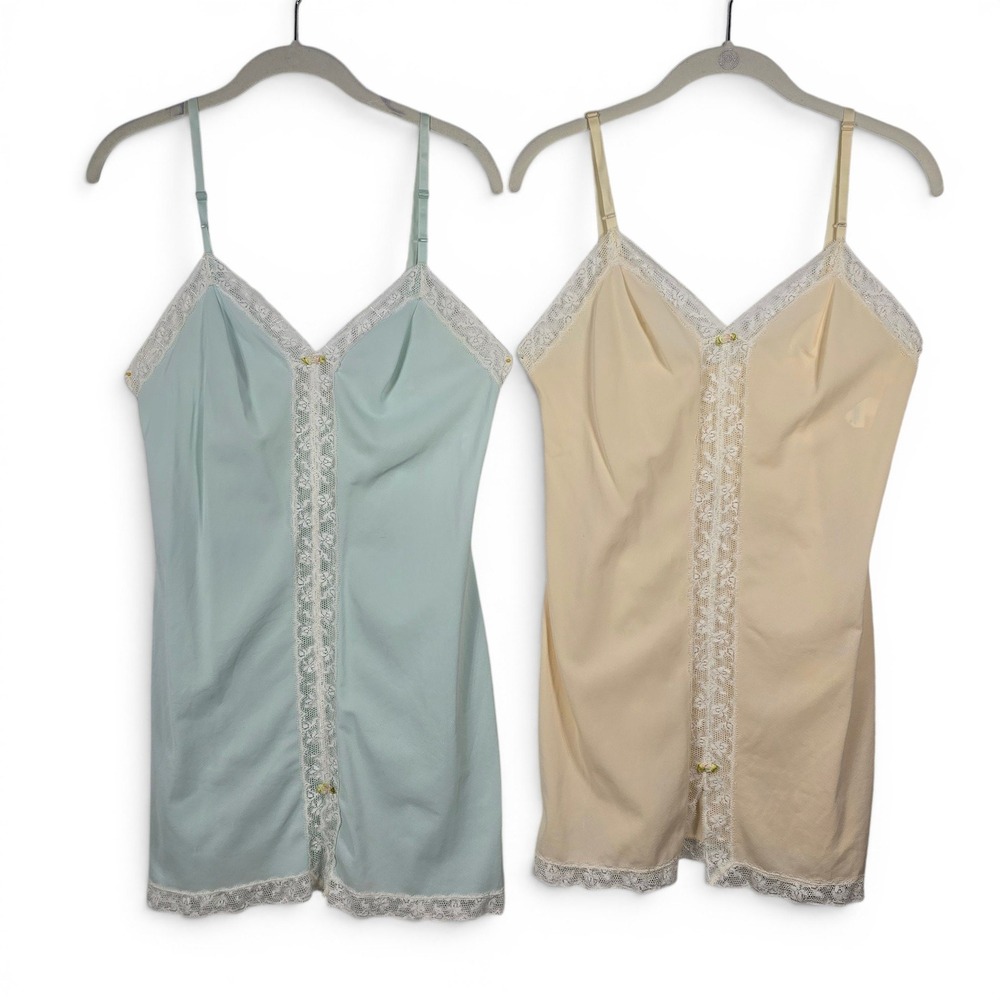 VTG Maidenform Lace Trim Full Slips Set of 2 Mint Green Peach USA‎ Made 34 Demi